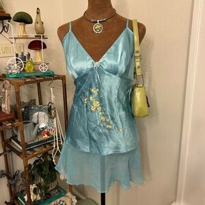 Blue Satin Micro Slip Dress w Ruffle Hem & Floral Embroidery by Secret Treasures